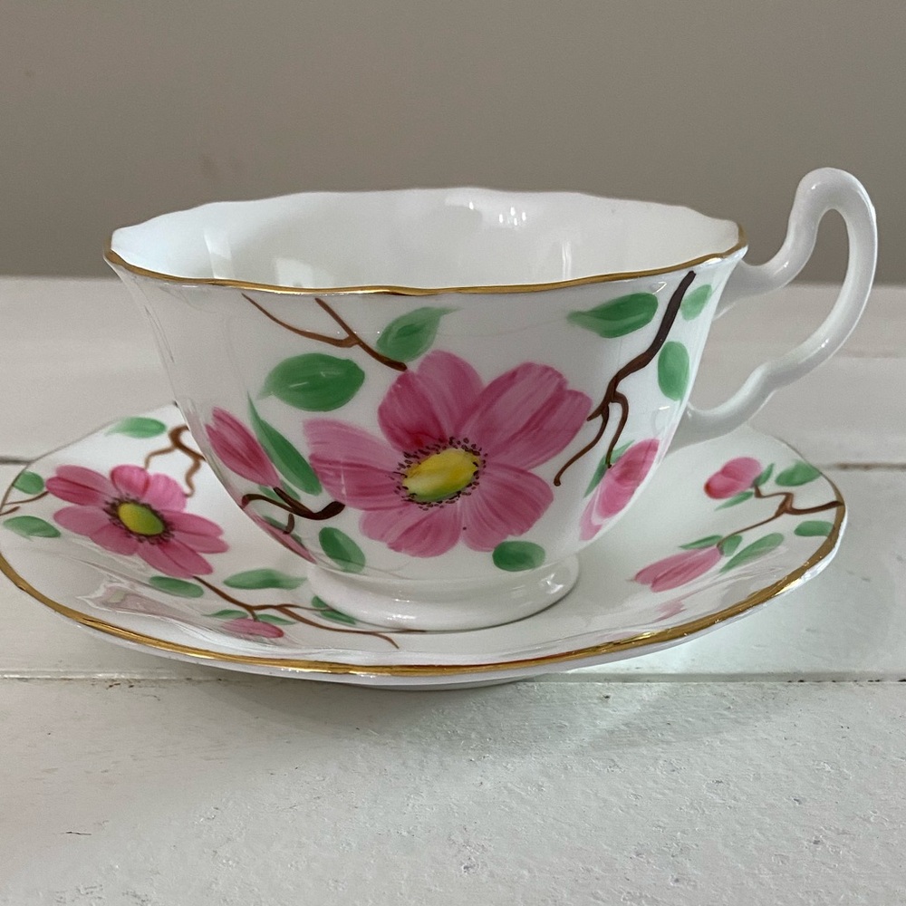 EUC VTG ADDERLEY TEACUP AND SAUCER HAND PAINTED PINK FLOWERS AND GREEN LEAVES
